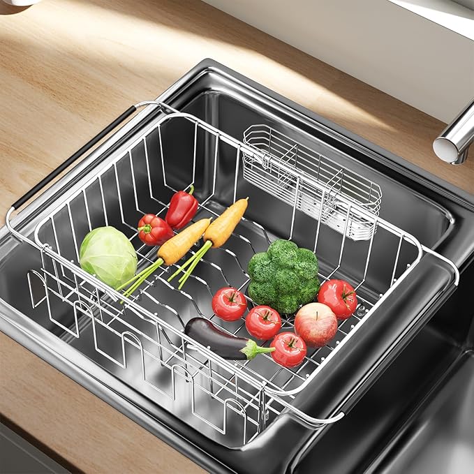 Dish Drying Rack in Sink, Extendable Stainless Steel Dish Drainers for Kitchen Counter, Anti-Rust Dish Dryer Rack with Utensil & Cup Holders, for Inside Sink, Over The Sink