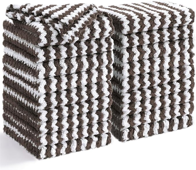 Homaxy 18 Pack Kitchen Dish Cloths, Ultra Soft and Absorbent Dish Towels, Reusable Fast Drying Microfiber Cleaning Cloth, Coral Velvet Wave Design Lint Free, 10 x 10 inches, Brown