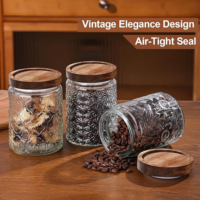 6-Pack 24 OZ Vintage Glass Jar with Lid, Airtight Food Storage Canisters with Bamboo for Kitchen Counter Pantry, Ideal for Coffee, Candy, Tea, Oats, Sugar, Cookies Decorative Jars