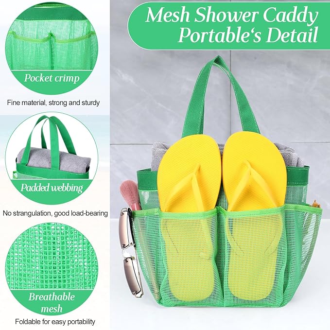 Hillban 4 Pcs Mesh Shower Caddy Portable Large Quick Dry Shower Caddy Basket with Deeper 8 Pockets and 2 Handles Hanging Bag for College Dorm Room(White, Pink, Green, Rose Red)