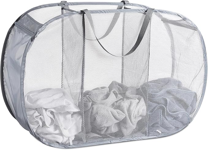 Mesh Popup Laundry Hamper 3 Compartment Sortable Horizontal Collapsible Laundry Basket for Clothes Laundry Room Bedroom Toys Travel (Gray)