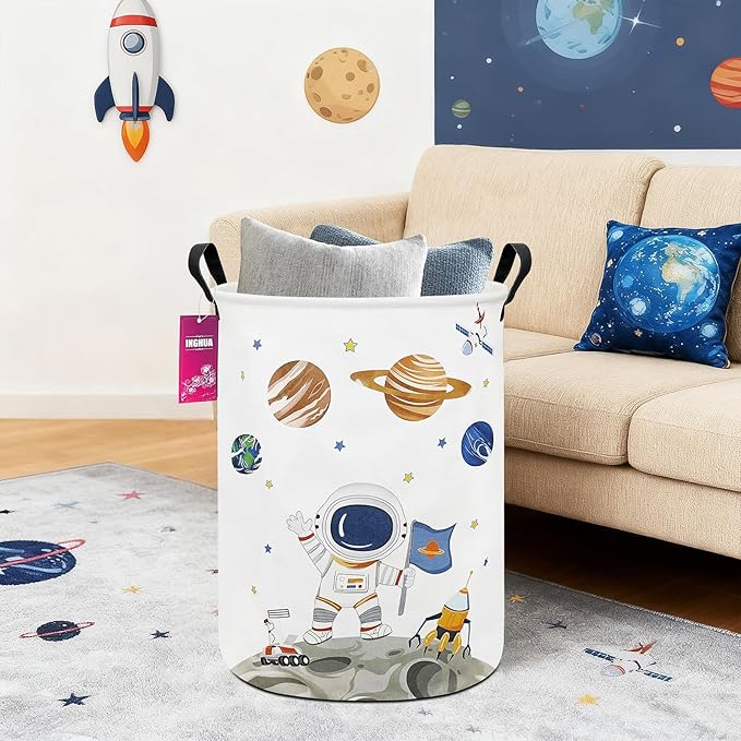 Laundry Hamper Large Canvas Fabric Lightweight Storage Basket/Toy Organizer/Dirty Clothes Collapsible Waterproof for College Dorms, Boys and Girls Bedroom,Bathroom(Space astronaut)