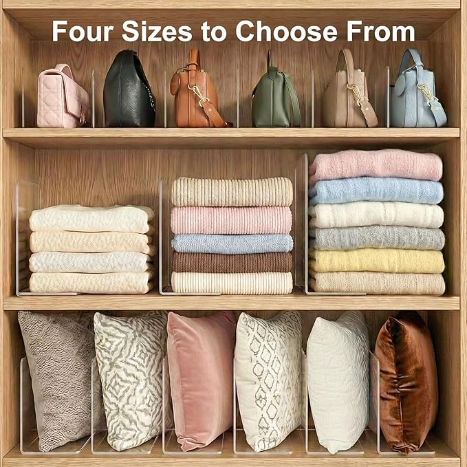 Shelf Dividers for Closet Organization: 12" Tall x 12" Deep, Taller Adhesive Separators Features Acrylic Material and Provides Storage for Clothes and Purses in Bedroom Cabinets(8-Pack)