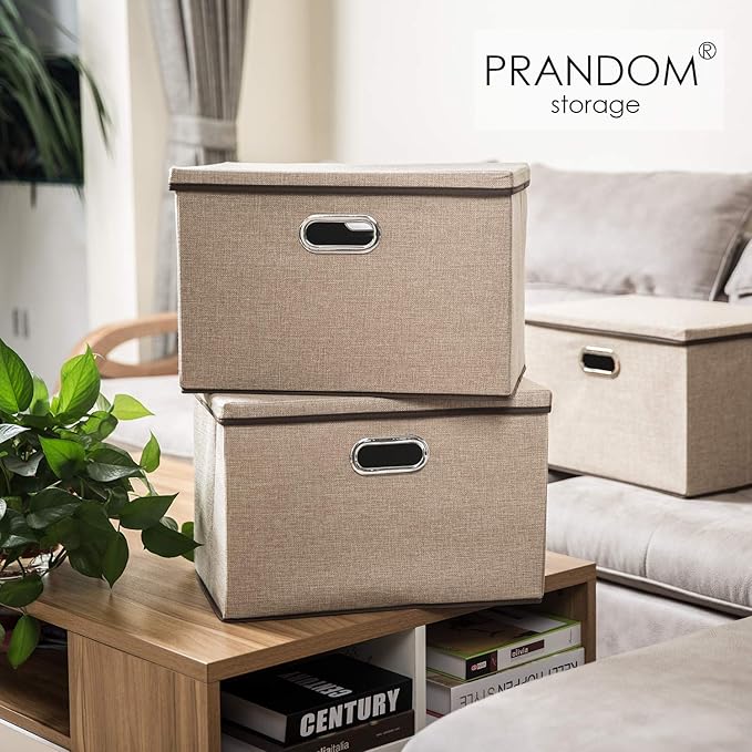 PRANDOM Large Collapsible Storage Baskets with Lids [5-Pack] Jute Fabric Foldable Storage Bins Boxes Organizer Containers Cube with Cover for Home Bedroom Closet Office Nursery (17.7x11.8x11.8)