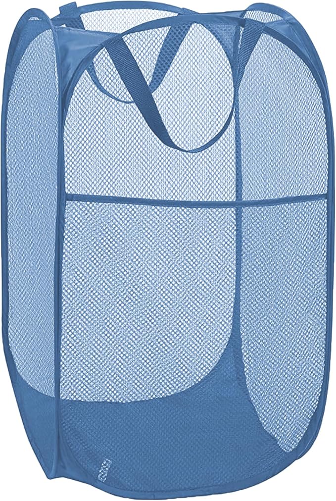 Mesh Pop Up Laundry Hamper for Cruise, Collapsible Laundry Basket Foldable Dirty Clothes Hamper with Handles, Side pocket, Ash Blue