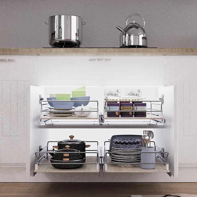 Pull Out Cabinet Organizer 15" W X 22" D, Slide Out Drawers For Kitchen Organizers and Storage, Pull Out Drawers For Cabinets Capacity Heavy Duty Caddy, Cabinet Shelves Wood Chrome, Pantry Storage