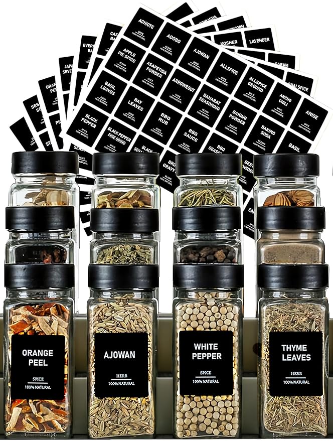 162 Spice Labels Stickers, Preprinted White Spice Jar Labels for Herbs Seasonings, Spice Rack Pantry Organization, Minimalist Black Text (Black 2)