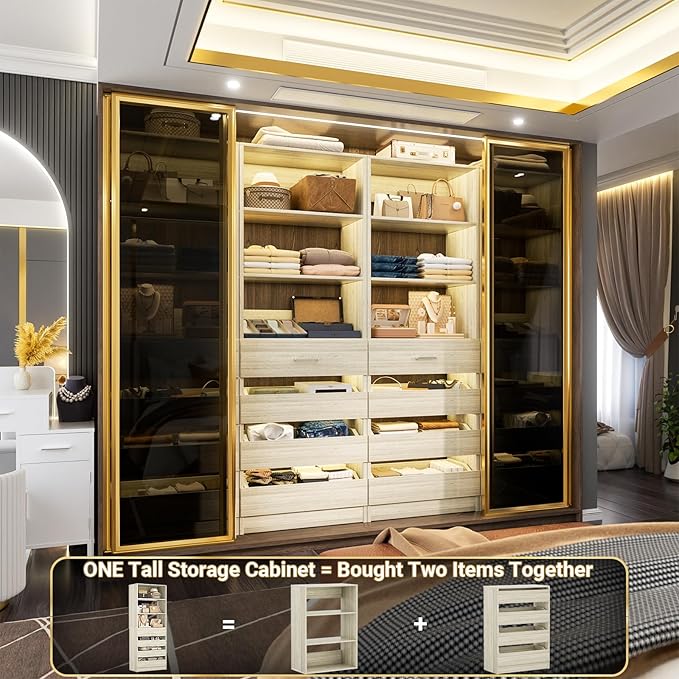 Aheaplus 21.3" Closet System with 4 Drawers, Wood Closet Organizer with Open Shelves, Modular Drawers System Tower, Walk-in Closets Small Wardrobe Rack, Tall Storage Cabinet Unit, White Oak