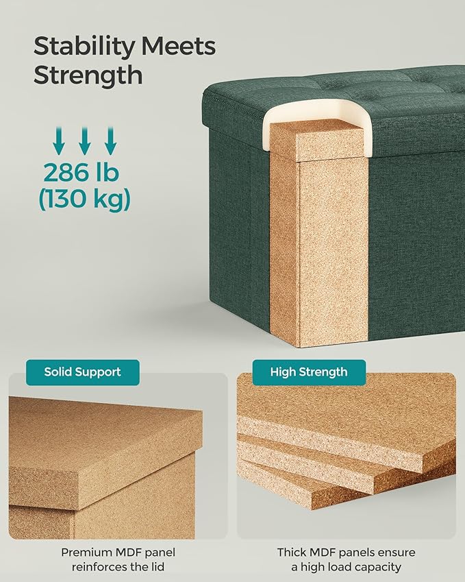 SONGMICS Mazie Collection - Small Folding Storage Ottoman, Foot Rest Stool, 12.2 x 16.1 x 12.2 Inches, 286 lb Load Capacity, for Living Room, Bedroom, Home Office, Dorm, Retro Green ULSF102C01