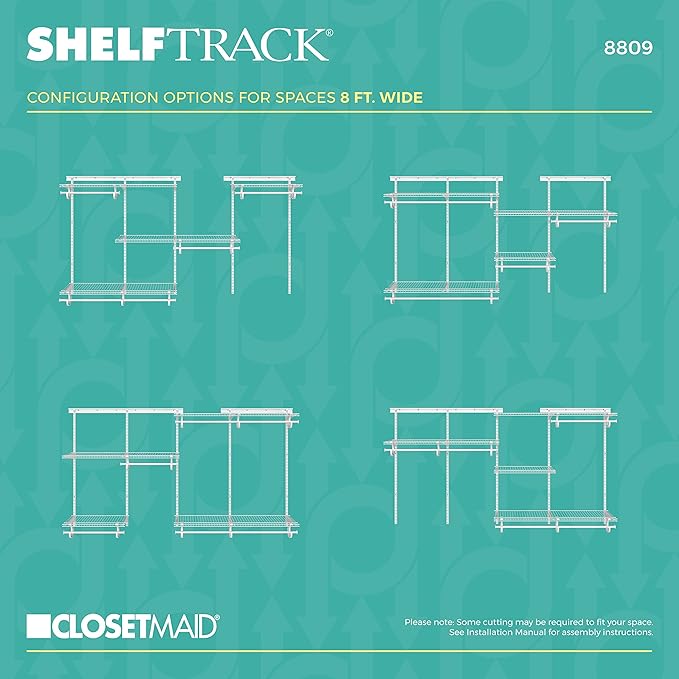 ClosetMaid ShelfTrack Wire Closet Organizer System, Adjustable from 5 to 8 Ft., with Shelves, Clothes Rods, Hardware, Durable Steel, White