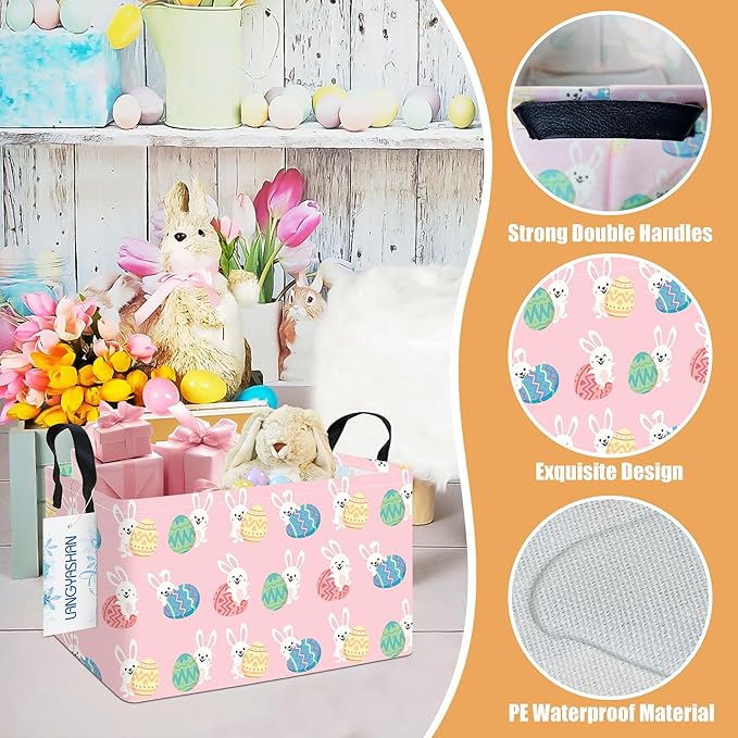 LANGYASHAN Rectangular Storage Bin Collapse Canvas Fabric Cartoon Storage Basket with Handles for Organizing Home Kitchen Boys and Girls Toys Office Closet Shelf Baskets (Rec Pink Rabbit Easter Egg)
