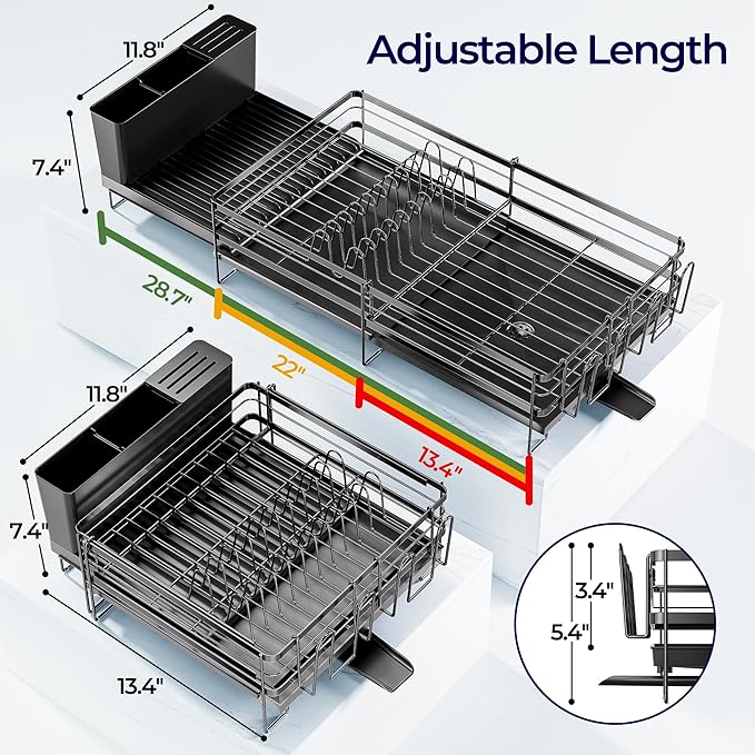 Large Dish Drying Rack, Expandable Dish Rack for Kitchen Counter, Dish Drainer with Drainboard Set, Multifunctional Dishrack with Utensil Holder & Cup Holder, 13.4"-28.7" L x 11.8" W, Black