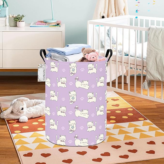 FANKANG Storage Basket, Nursery Hamper Canvas Laundry Basket Foldable with Waterproof PE Coating Large Storage Baskets for Kids Boys and Girls, Office, Bedroom, Clothes,Toys(Cat)