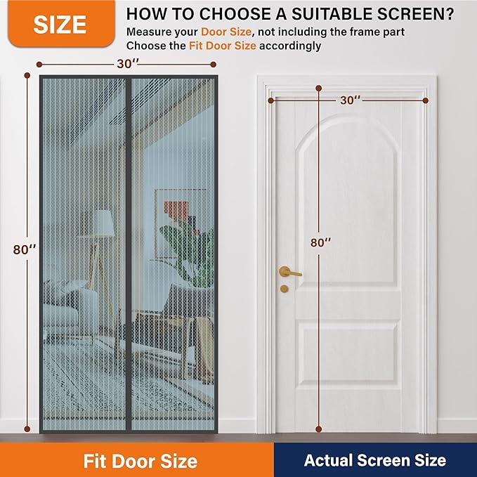 Magnetic Screen Door，Screen Door Mesh，Keep Bugs Out, Heavy-Duty Mesh Curtain,Pet and Kid Friendly, Works with Front Doors, Sliding Doors（36 x 80 Inches Gray