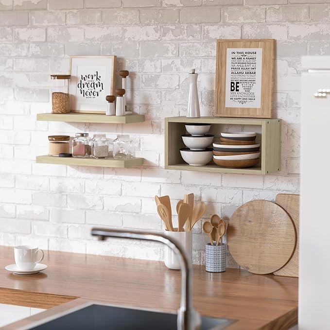 RICHER HOUSE Floating Shelves Set of 3, Modern Bathroom Shelves Wall Mounted with Invisible Brackets Over Toilet, Rustic Wall Shelves for Bathroom Bedroom, Living Room, Kitchen - Light Brown
