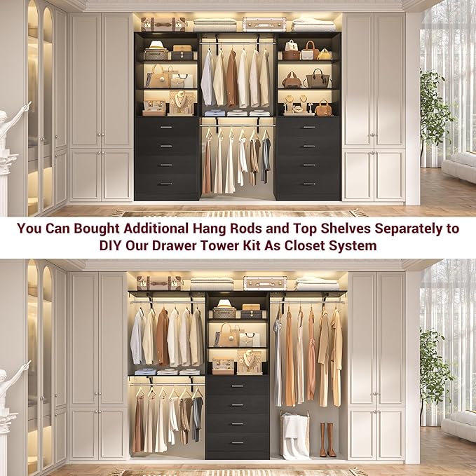 Aheaplus Closet Drawers Organizer System, 3.54FT Wood Closet System with 4 Drawers, Modular Walk-in Closets Storage Unit, Tall Bookshelf Storage Cabinet, Black (2 Packs)