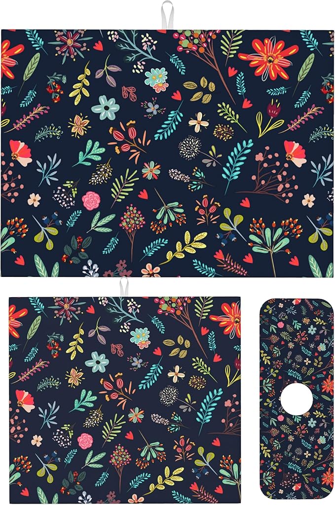 Set of 3 Colorful Flowers and Leaves Dish Drying Mat & Kitchen Sink Splash Guard Faucet Mat For Kitchen Counter Absorbent Microfiber Dishes Pad Dish Drainer Rack Mats Fast Dry Kitchen Accessories