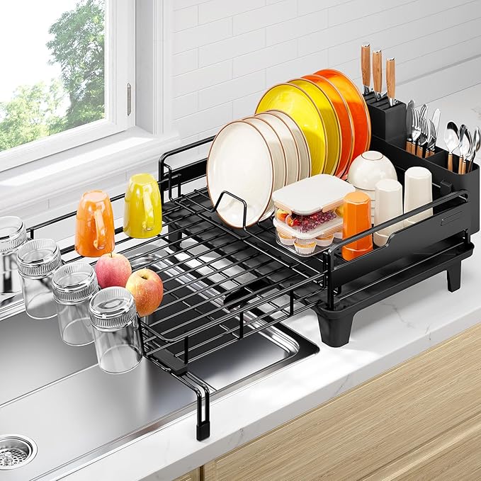 Dish Drying Rack - Extendable Dish Drainer, Large Dish Rack for Kitchen Counter, Rustproof Dish Strainer with Utensil Holder and Cups Holder, 1 Tier Black