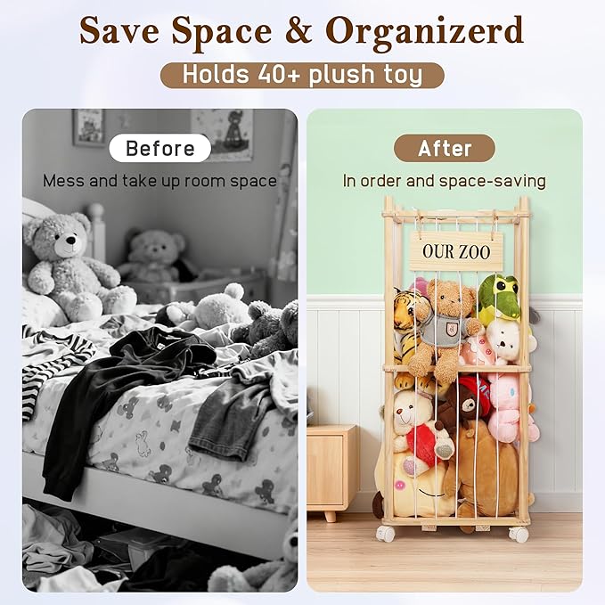 Stuffed Animal Storage Zoo, Wooden Stuffed Animal Organizer with Removable Wheels & 5-Row Elastic Cords, Space-Saving Plush Toy Storage Holder for Playroom, Bedroom, Nursery