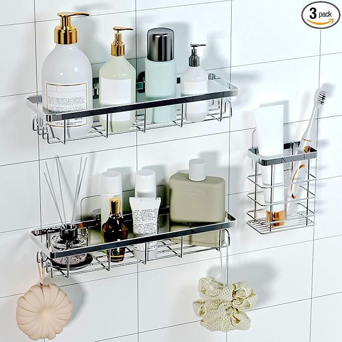 Uninol Shower Caddy Organizer with Hooks,Self Adhesive Bathroom Shelves,Shower Shelves,No Drilling Bathroom Organizers and Storage,Perfect for RV, Apartment, Home Decor,Silvery 3PK