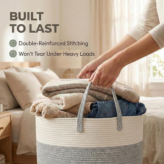 115L Extra Large Blanket Basket for Living Room - Woven Cotton Rope Laundry Hamper with Reinforced Handles - Storage Bin for Pillows, Comforters & Toys - Machine Washable,White&Grey