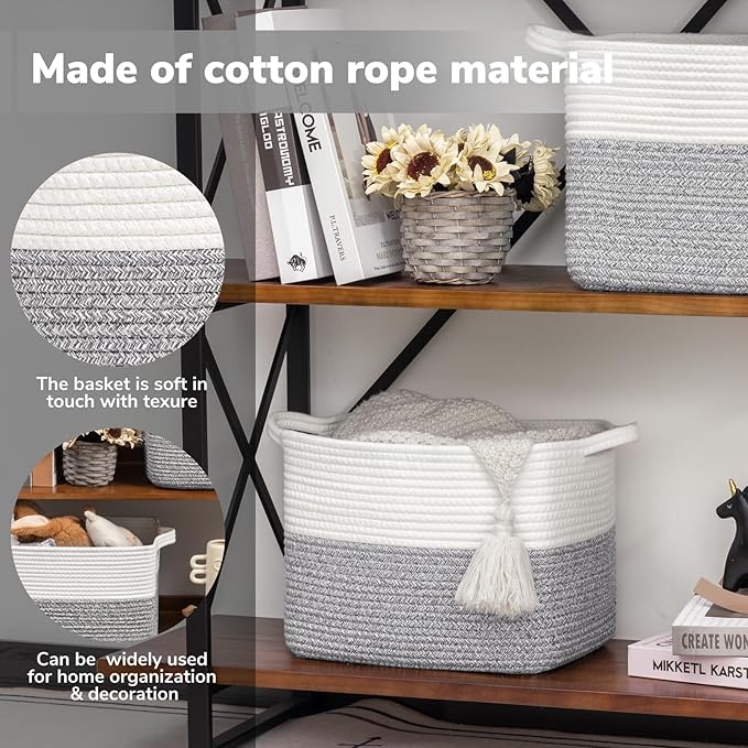 Goodpick Woven Storage Basket, Cotton Rope Baskets for Organizing, Closet Storage Bins with Handles, Small Laundry Basket for Clothes, Towels and Shoes, 13''x10''x9'', Gray and White