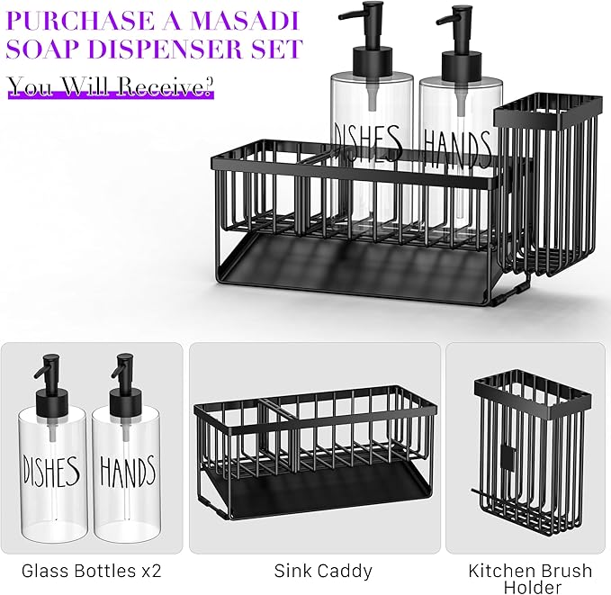 MASADI Kitchen Dish Soap Dispenser Set with Sponge Holder, 12OZ Glass Bottle, Hand and Dish Soap Dispenser Set, Non-Slip Silicone Pad, Brush Holder, Kitchen Sink Organizer Countertop (Black+Clear)