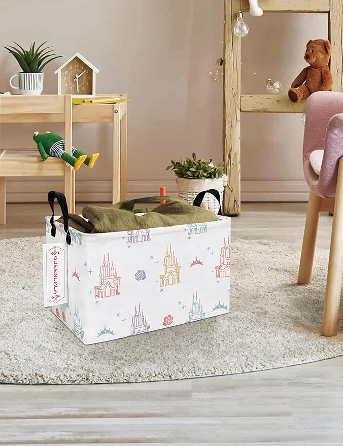 QUEENLALA Rectangular Laundry Hamper/Foldable Nursery Laundry Basket for Organizing/Storage Bin Baskets/Children Toy Office Bedroom/Toy Bin Closet Shelf Baskets（Rec-Rose Castle）