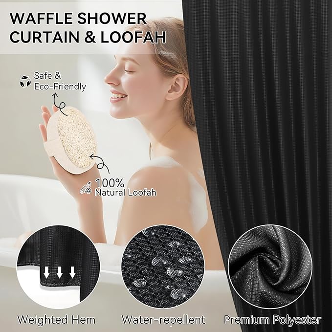 Black Bathroom Sets, Black Bathroom Accessories Set with Shower Curtain and No-Slip Bath Rugs, Natural Loofah Sponge, Soap Dispenser, Toothbrush Holder, Bathroom Tumbler and Tray for Bathroom