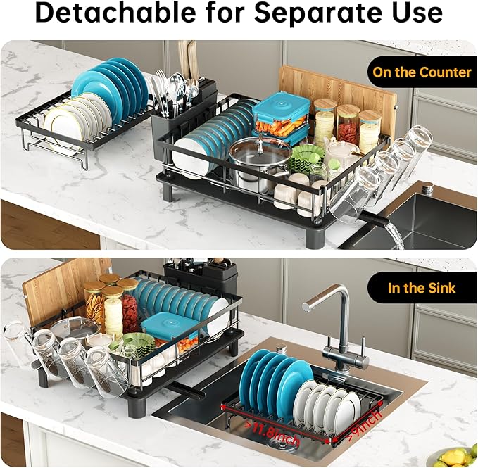 Dish Drying Rack, 2 Tier Dish Racks for Kitchen Counter, Compact Drying Rack Kitchen, Rust-Resistant Dish Drainer, Detachable Space-Saving Dish Rack with Drainboard, Utensil Holder, Black