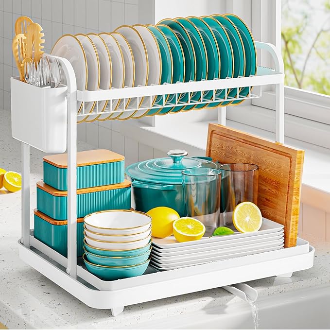 2-Tier Dish Drying Rack - Stainless Steel Dish Rack with Cutlery & Utensil Holders for Kitchen Counter, Sink Organization and Storage for Small Family, 15" W x 11.4" L x 15" H, White