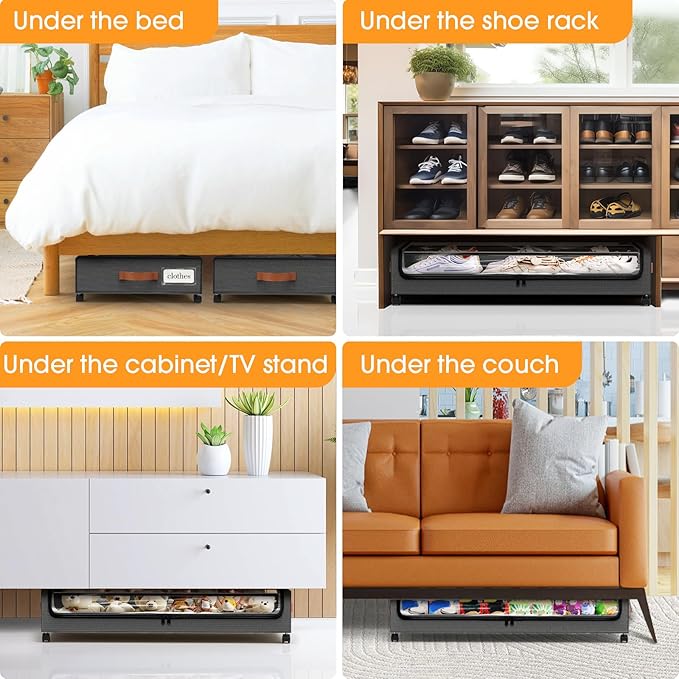 Under Bed Storage with Wheels 1Pack Storage Containers with Clear Window&Label Under Bed Drawers Rolling Under Bed Storage for Clothes,Shoes, Blankets (30.71 x 16.93 x 6.69 in, Dark Grey)