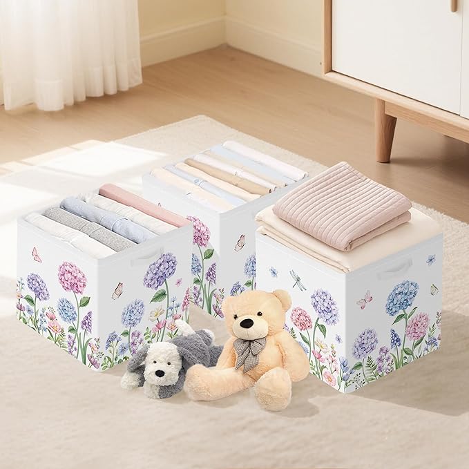 Clastyle Flowers Storage Cube Organizer Set Handle Closet Clothes Cube with Metal Frame Foldable Parents Organizer Storage Basket for Book Toy,Purple Hydrangea,11.8x11.8x11.8 in