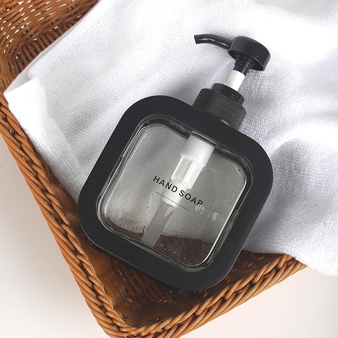Hand & Dish Soap Dispenser - Modern Plastic Pump with Labels - Black