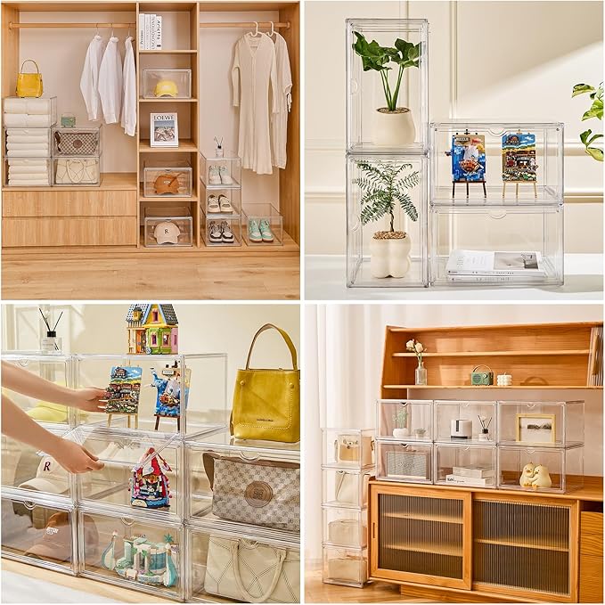 Acrylic Display Cases for Collectibles - Stackable Plastic Storage Shoe Boxes - Magnetic Lid, Figure Organizer