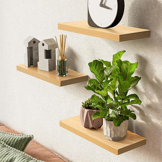 BAYKA Floating Shelves for Wall, Wall Mounted Rustic Wood Shelves for Bathroom, Bedroom, Living Room, Kitchen,Small Hanging Shelf for Books/Storage/Room Decor (Light Oak-Toned, Set of 3, 15.7in)