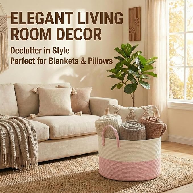 115L Extra Large Blanket Basket for Living Room - Woven Cotton Rope Laundry Hamper with Reinforced Handles - Storage Bin for Pillows, Comforters & Toys - Machine Washable,White&Pink