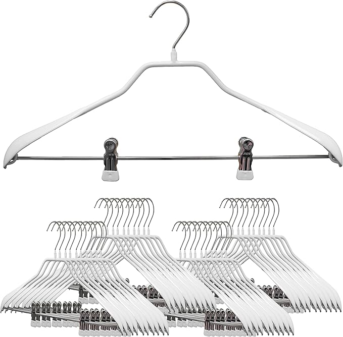 Mawa by Reston Lloyd BodyForm Series Non-Slip Steel Clothes Hanger with Shoulder Support & 2 Strong Clips for Pants or Skirts, Style 42/LK, White, Set of 50