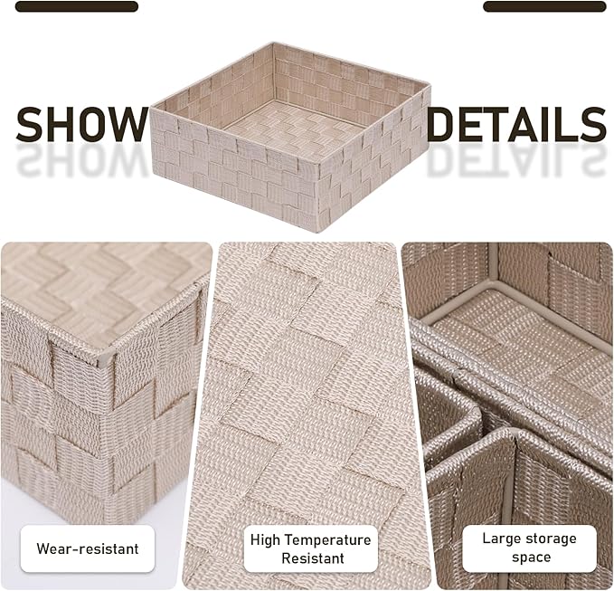 Storage Bins Woven Organizer Set of 6 – Polypropylene Storage Baskets with Metal Frame, Stackable Fabric Boxes for Drawers, Closet, Shelf, Nursery and Office, Beige