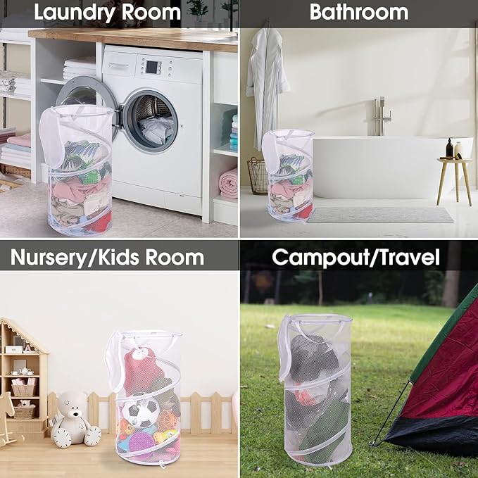 BATTOO Large Collapsible Laundry Basket with Lid Foldable Mesh Pop Up Hamper with Handles for Laundry Room, Bathroom, Kids Room, College Dorm, Travel, Storage Organizer White