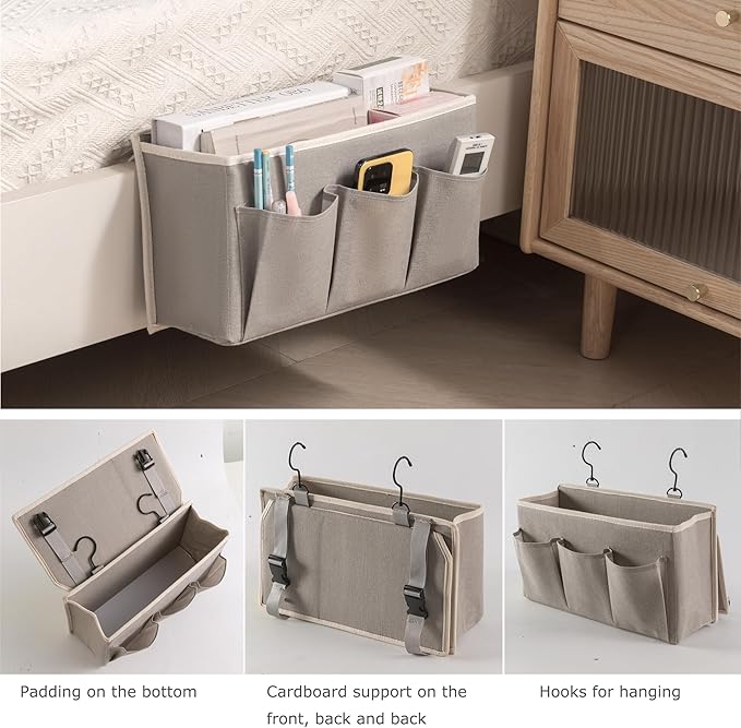 Bedside Caddy / Bedside Storage Organizer Hanging Bag with Three Options,Suitable for home beds, sofas, and dormitory beds—can hold magazines, books, phones, iPads, remote controls. (2-Pack Gray)