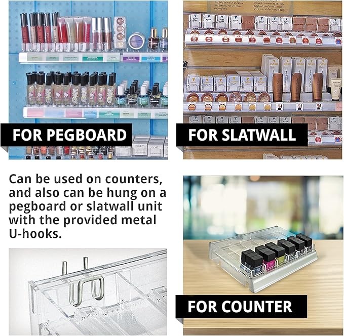 Azar Displays 225830-6COMP-CLR 6 Compartment Divider Bin Cosmetic Tray with Pushers - 6 Slots per Tray, 2-Pack, Clear