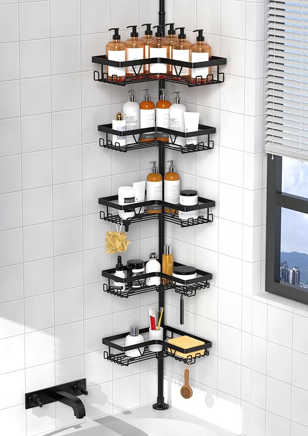 KEGII 5-Tier Corner Shower Caddy Tension Pole, Adjustable 25–114.2 Inch Rustproof Bathroom Organizer Shelves with Hooks, Soap & Razor Holder, Inverted Bottles Design, Space-Saving Storage Rack, Black