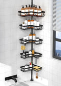 KEGII 5-Tier Corner Shower Caddy Tension Pole, Adjustable 25–114.2 Inch Rustproof Bathroom Organizer Shelves with Hooks, Soap & Razor Holder, Inverted Bottles Design, Space-Saving Storage Rack, Black
