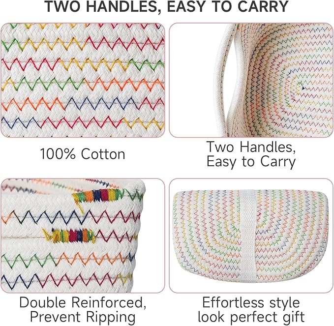 3-Pcs Shelf Baskets for Organizing, Closet Organizer Bins, Small Woven Baskets, Rope Toy Basket, Storage Basket for Shelves, Cube Decorative Box, 11.8×7.8×5.1”, Rainbow