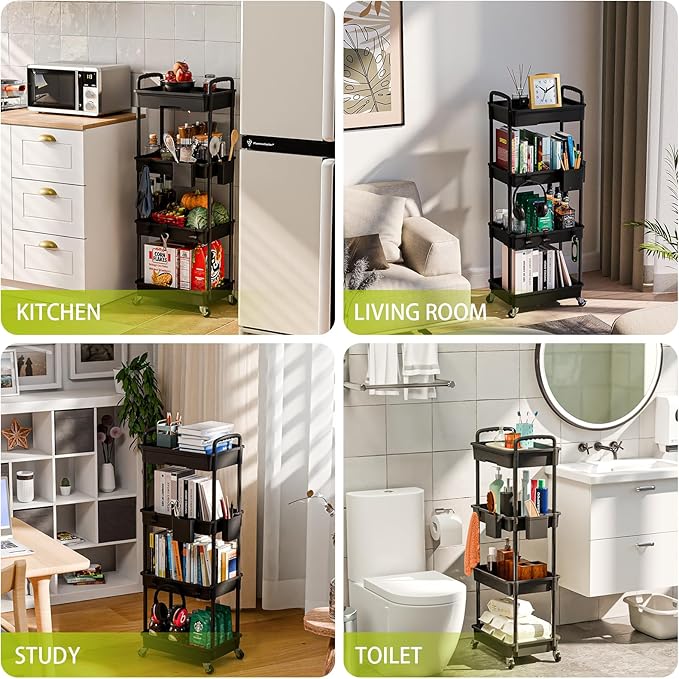 4 Tier Rolling Cart Organizer,Art Craft Diaper Bedside Snack Laundry Room Bathroom Organizer Narrow Thin Slim Rolling Trolley Utility Cart with Wheels for Kitchen,Office(Black)