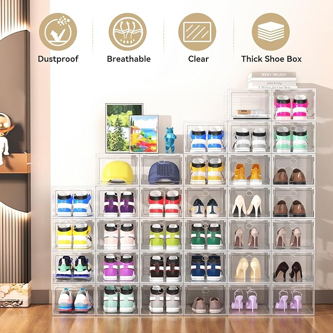 Katoora XX Large Clear Shoe Storage Box Organizer for Closet, 9 Pack Thicken Hard Plastic Stackable Shoe Sneaker Rack Display Case Container Bins Organizer, Easy Assembly, Clear