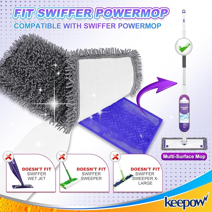KEEPOW Reusable Microfiber Mop Pads for Swiffer PowerMop 2 Pack, Power Mop Pads Refills for 13 ''-15 '' Spray Mop, Machine Washable Pad Replacement for Multi-Surface Floor Cleaning