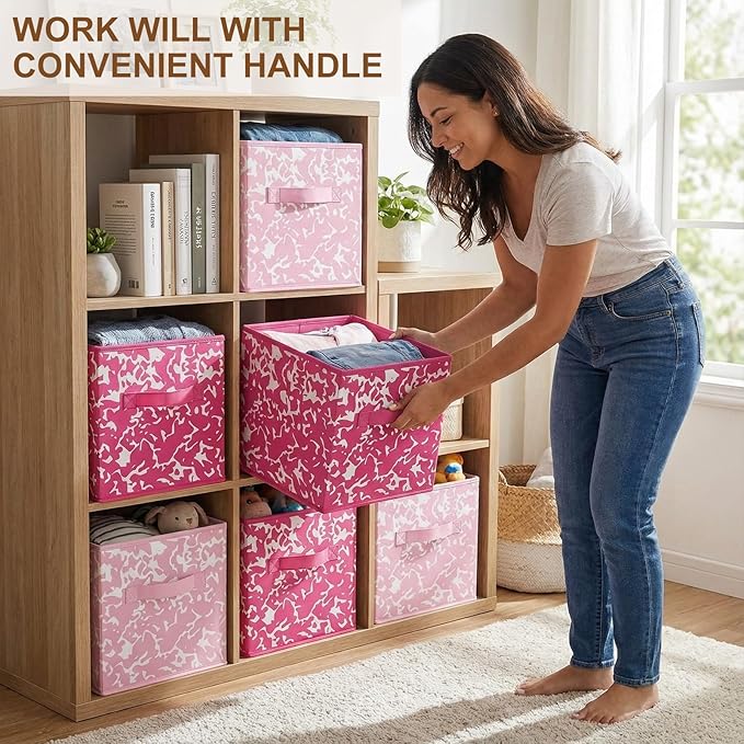 LemonRoad 6 Fabric Storage Cubes 11 Inch Foldable Marble Storage Bins for Organizing Pantry, Toy Box, Clothes Closet Collapsible Baskets for Shelves School Organizing with Handle(Pink, Classic Style)