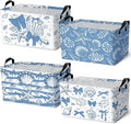 4 Pcs Coastal Beach Storage Basket Fabric Laundry Baskets with Handle Summer Ocean Blue Bow Foldable Organizer Boxes for Office Home Bedroom Baby Cloth Toy Book 15 x 10 x 8